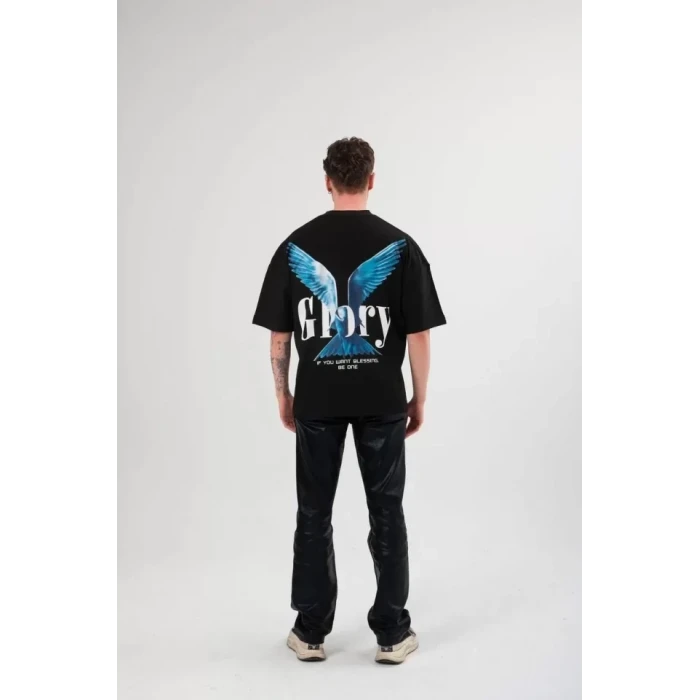 Unisex Bisiklet Yaka Baskılı Oversize T-shirt - Siyah