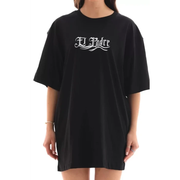 Unisex Bisiklet Yaka Baskılı Oversize T-shirt - Siyah