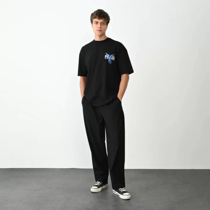 Unisex Bisiklet Yaka Baskılı Oversize T-shirt - Siyah