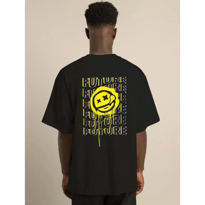 Unisex Bisiklet Yaka Baskılı Oversize T-shirt - Siyah