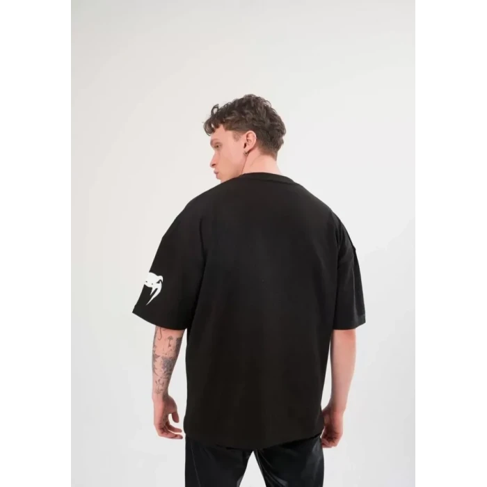 Unisex Bisiklet Yaka Baskılı Oversize T-shirt - Siyah