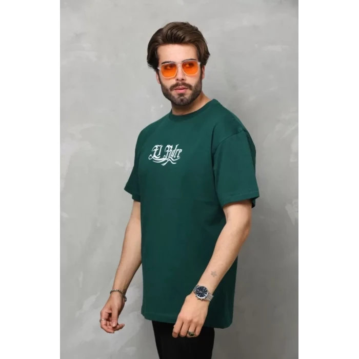 Unisex Bisiklet Yaka Baskılı Oversize T-shirt - Yeşil