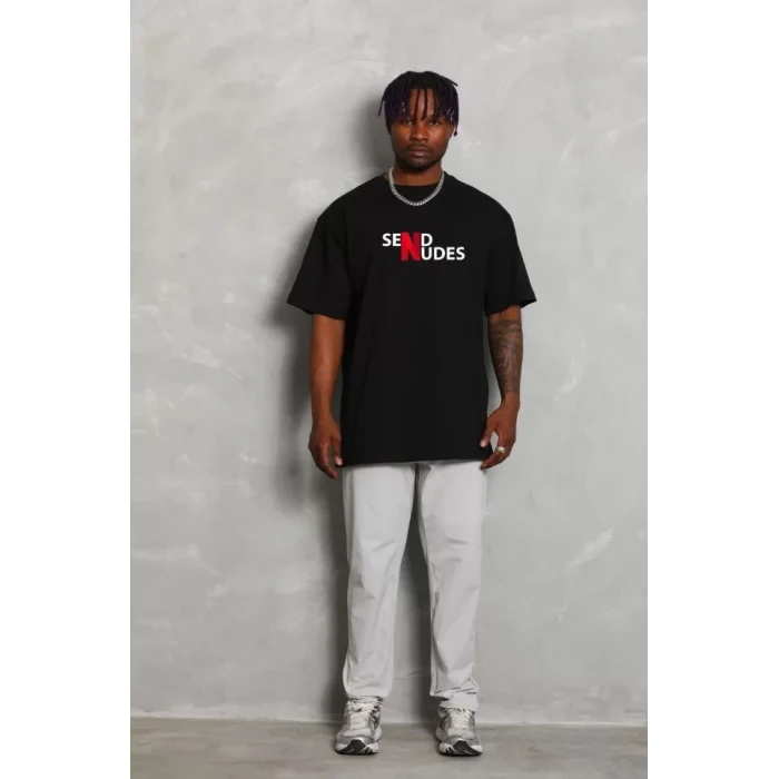 Unisex Bisiklet Yaka Double Oversize Baskılı T-shirt - Siyah