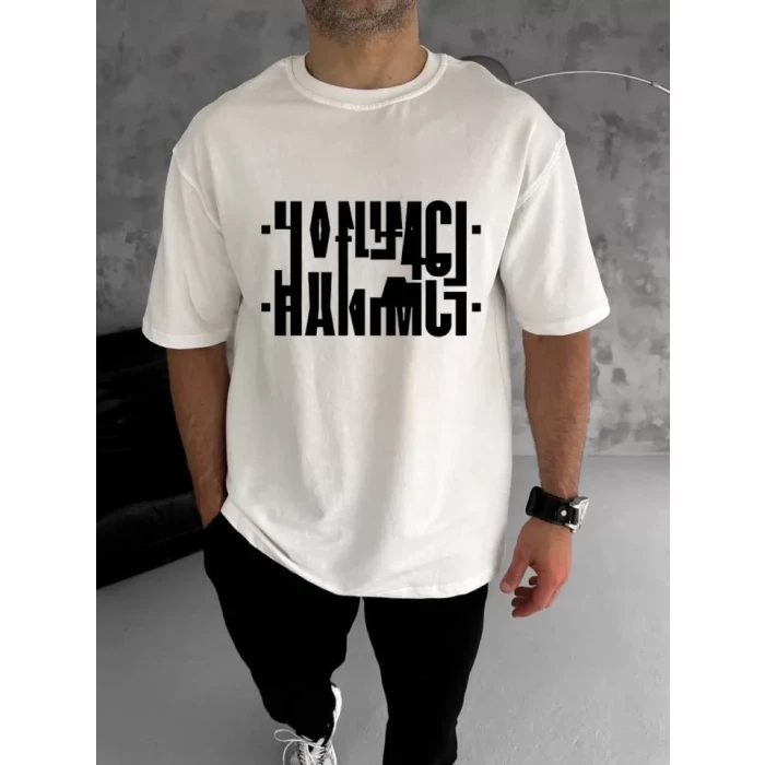 Unisex Bisiklet Yaka Katlanan Baskılı T-shirt - Beyaz