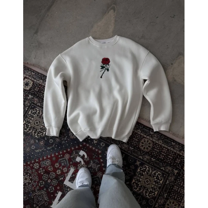 Unisex Bisiklet Yaka Ön Ve Arka Baskılı Sweatshirt - Beyaz