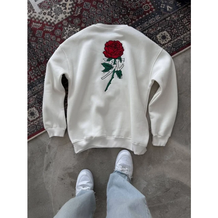 Unisex Bisiklet Yaka Ön Ve Arka Baskılı Sweatshirt - Beyaz