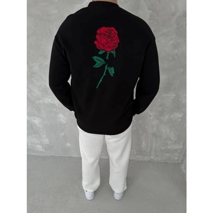 Unisex Bisiklet Yaka Ön Ve Arka Baskılı Sweatshirt - Siyah