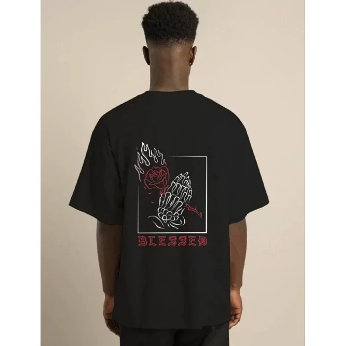 Unisex Bisiklet Yaka Oversize Baskılı T-shirt - Siyah