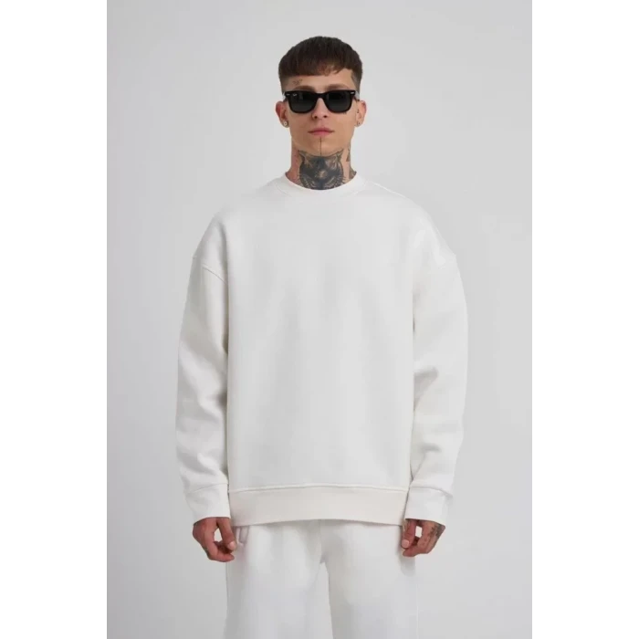 Unisex Biskilet Yaka Üç İplik Sweatshirt - Beyaz
