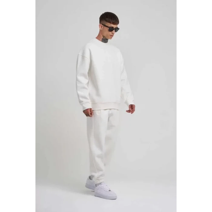 Unisex Biskilet Yaka Üç İplik Sweatshirt - Beyaz