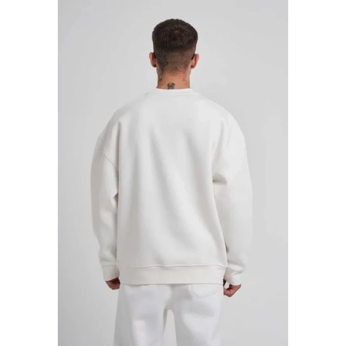 Unisex Biskilet Yaka Üç İplik Sweatshirt - Beyaz