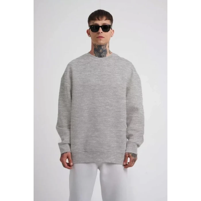 Unisex Biskilet Yaka Üç İplik Sweatshirt - Gri
