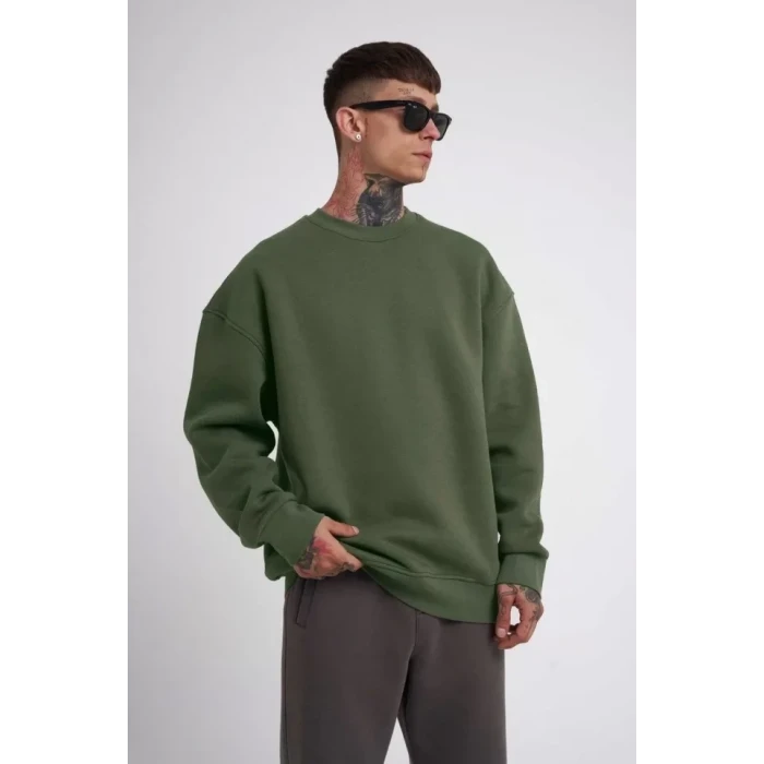 Unisex Biskilet Yaka Üç İplik Sweatshirt - Haki