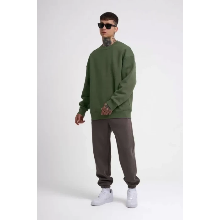 Unisex Biskilet Yaka Üç İplik Sweatshirt - Haki