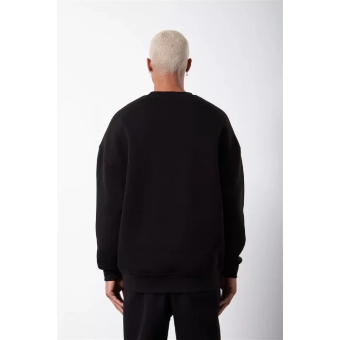 Unisex Biskilet Yaka Üç İplik Sweatshirt - Siyah