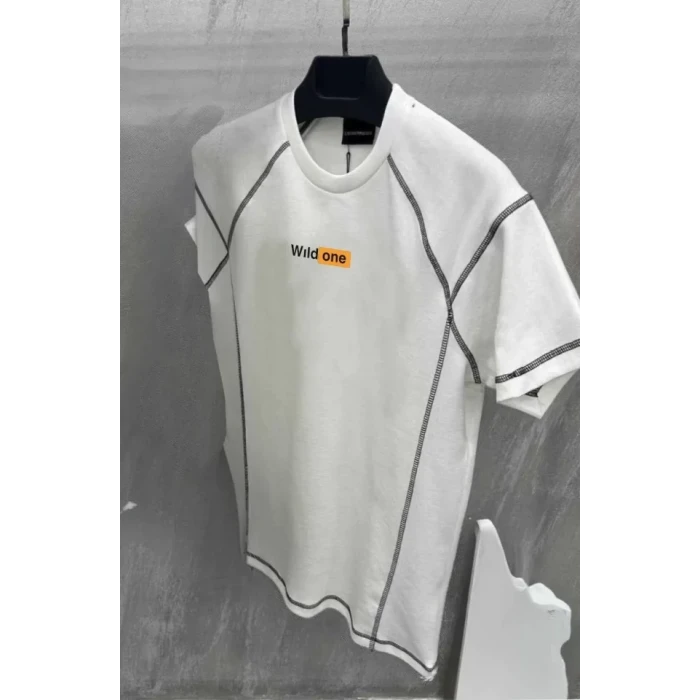 Unisex Dikişli Baskılı Oversize T-shirt - Beyaz