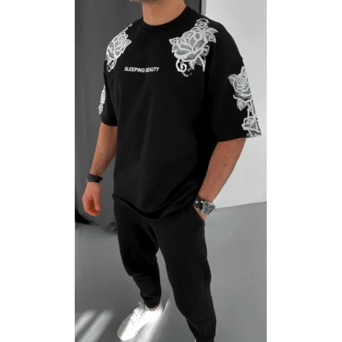 Unisex Flok Kabartma Baskılı T-shirt - Siyah