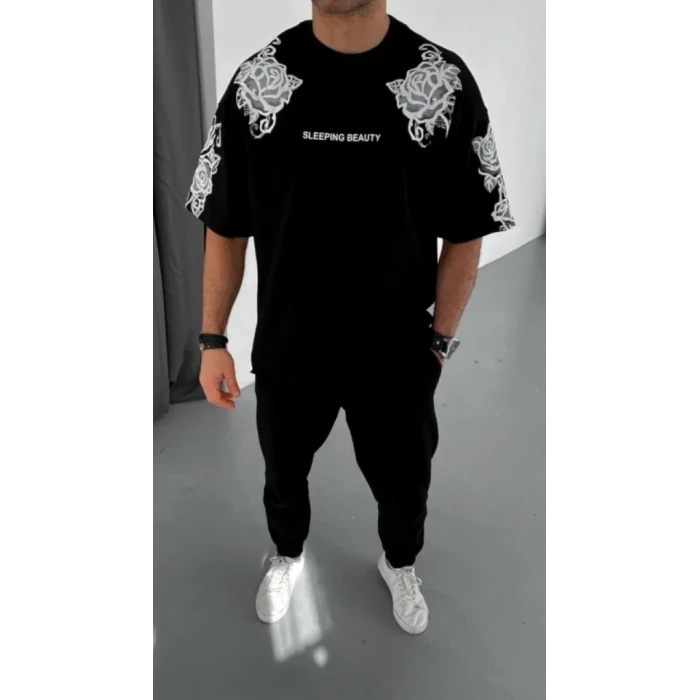 Unisex Flok Kabartma Baskılı T-shirt - Siyah
