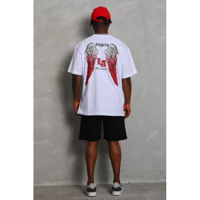 Unisex Oversize Baskılı Bisiklet Yaka T-shirt - Beyaz