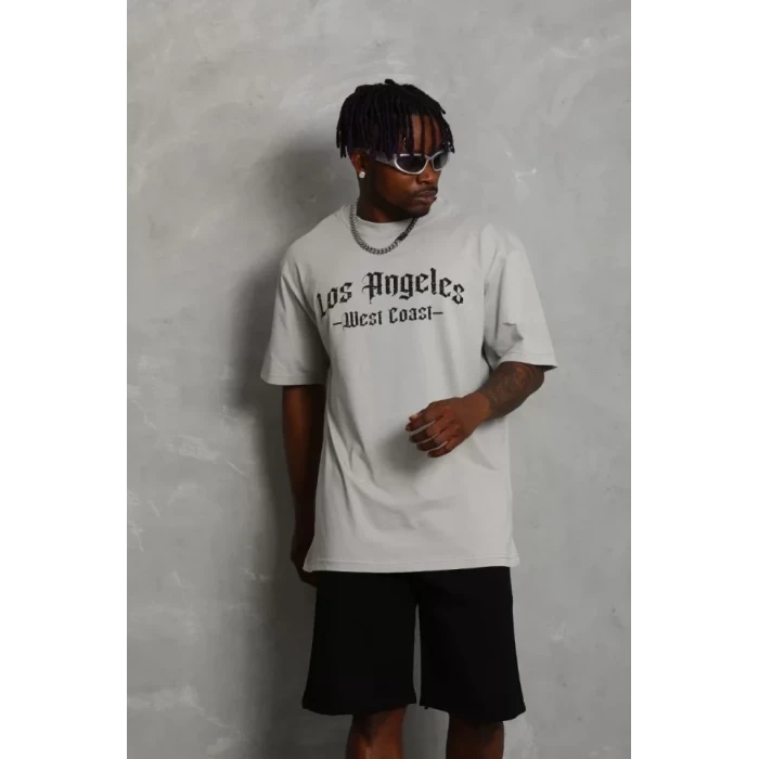 Unisex Oversize Baskılı Bisiklet Yaka T-shirt - Gri