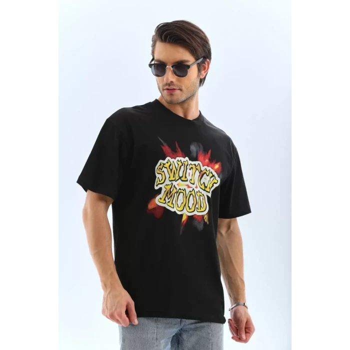 Unisex Oversize Baskılı Bisiklet Yaka T-shirt - Siyah