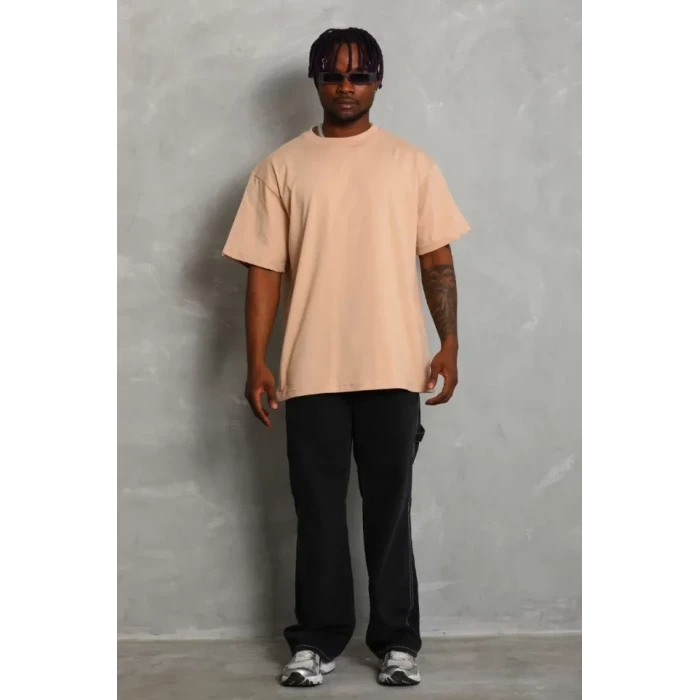Unisex Oversize Düz Bisiklet Yaka T-shirt - Bej