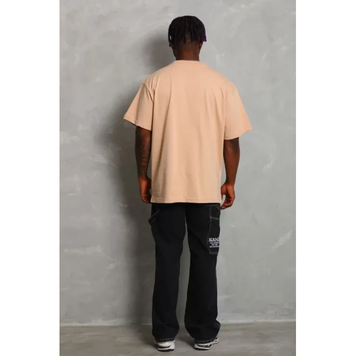 Unisex Oversize Düz Bisiklet Yaka T-shirt - Bej