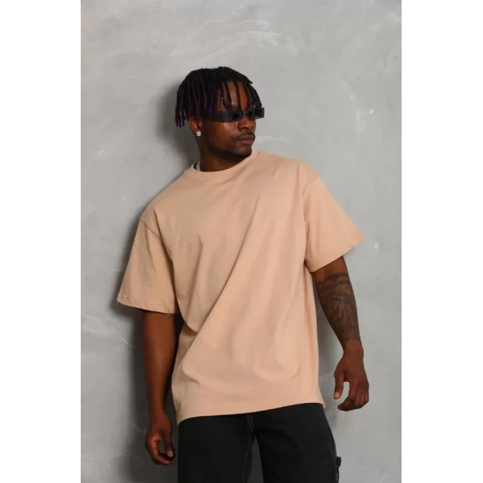 Unisex Oversize Düz Bisiklet Yaka T-shirt - Bej