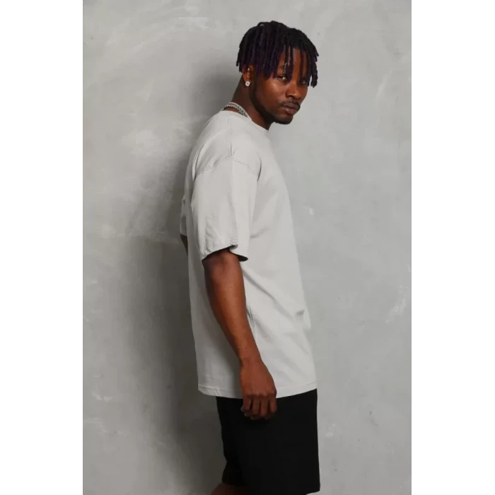 Unisex Oversize Düz Bisiklet Yaka T-shirt - Gri