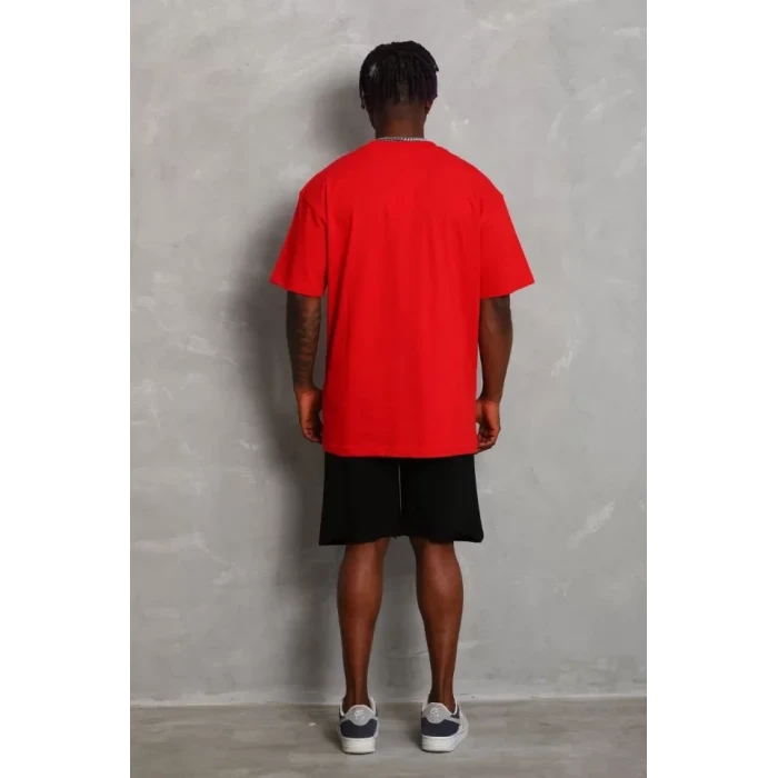 Unisex Oversize Düz Bisiklet Yaka T-shirt - Kırmızı