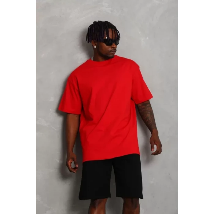 Unisex Oversize Düz Bisiklet Yaka T-shirt - Kırmızı