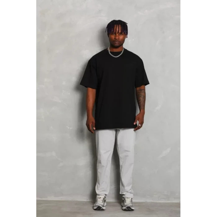 Unisex Oversize Düz Bisiklet Yaka T-shirt - Siyah
