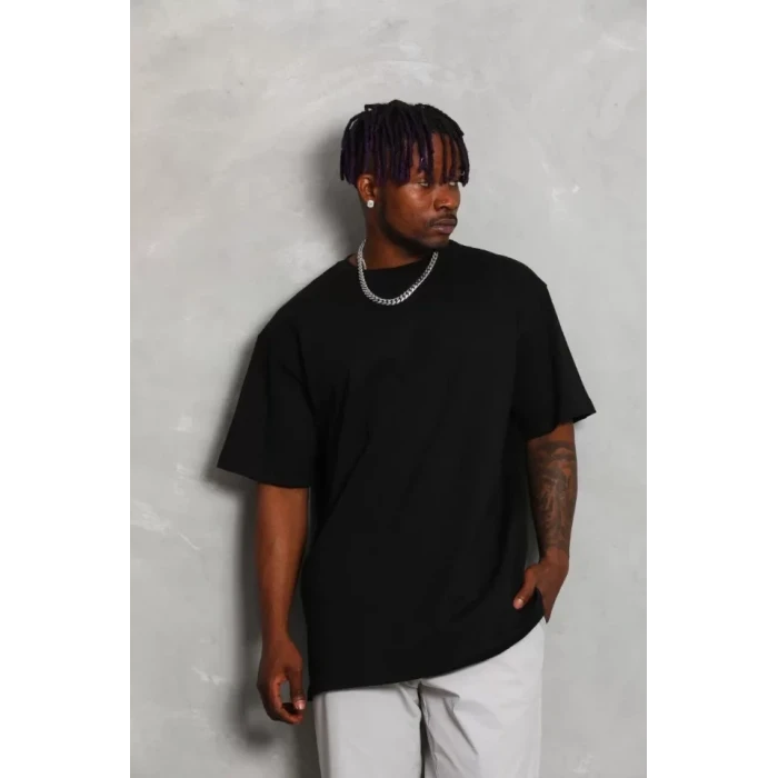 Unisex Oversize Düz Bisiklet Yaka T-shirt - Siyah