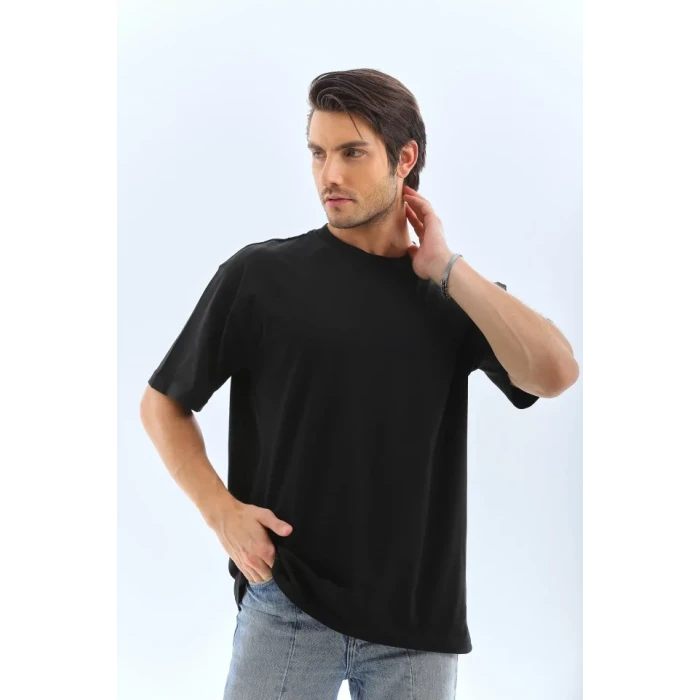 Unisex Oversize Düz Bisiklet Yaka T-shirt - Siyah