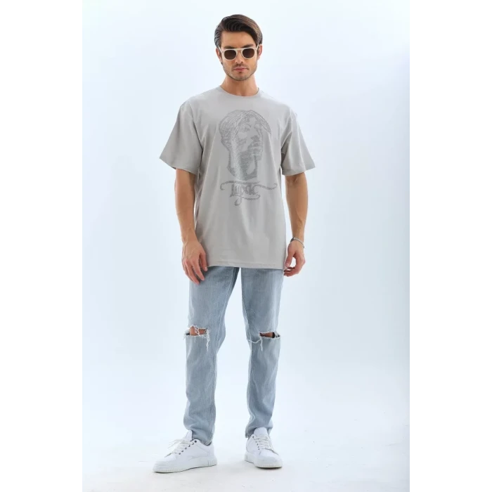 Unisex Oversize Taşlı Bisiklet Yaka T-shirt - Gri
