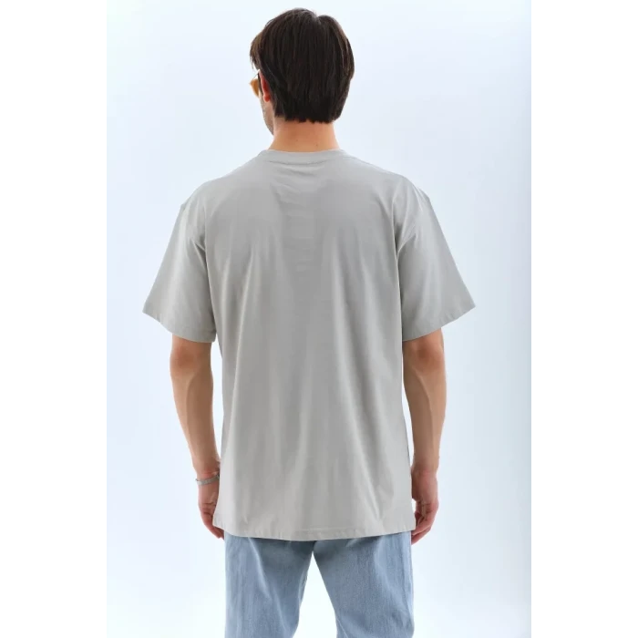 Unisex Oversize Taşlı Bisiklet Yaka T-shirt - Gri