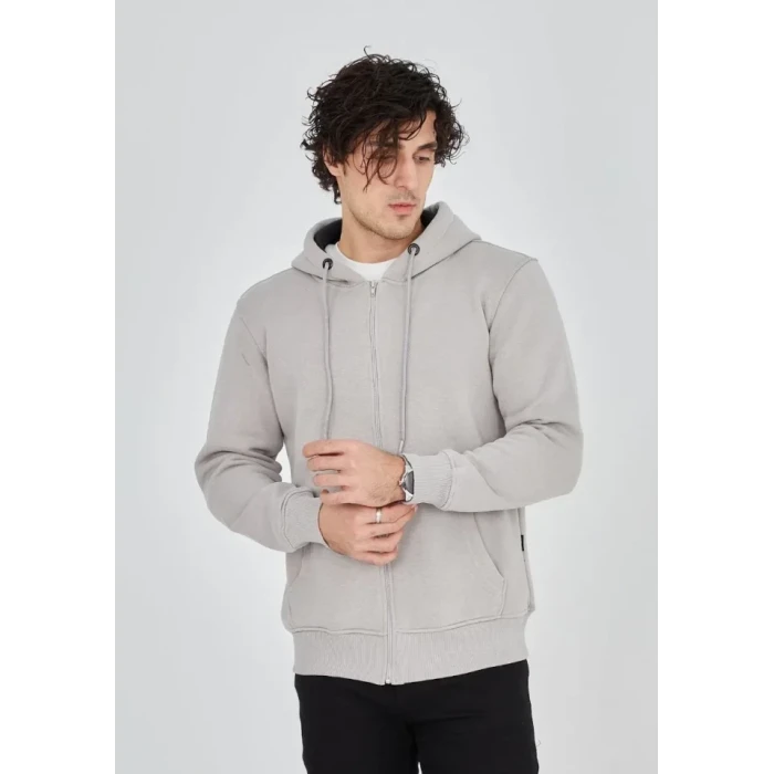 Unisex Tam Fermuarlı Kapşonlu  Sweatshirt - Boyalı Gri