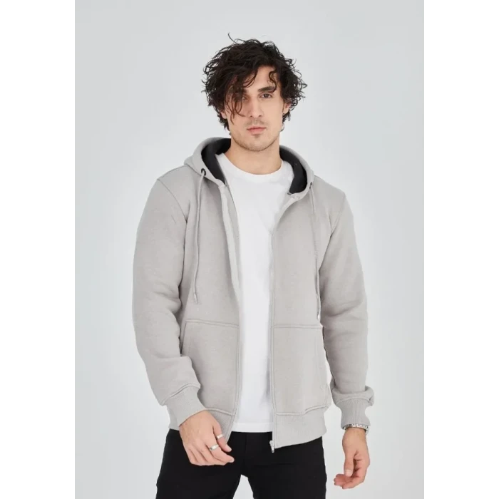 Unisex Tam Fermuarlı Kapşonlu  Sweatshirt - Boyalı Gri
