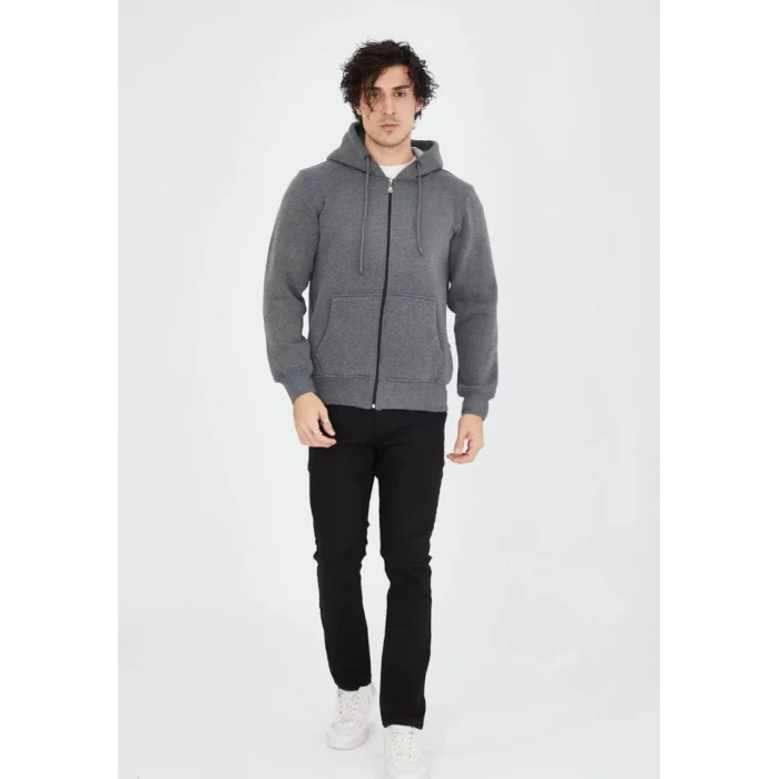 Unisex Tam Fermuarlı Kapşonlu  Sweatshirt - Füme