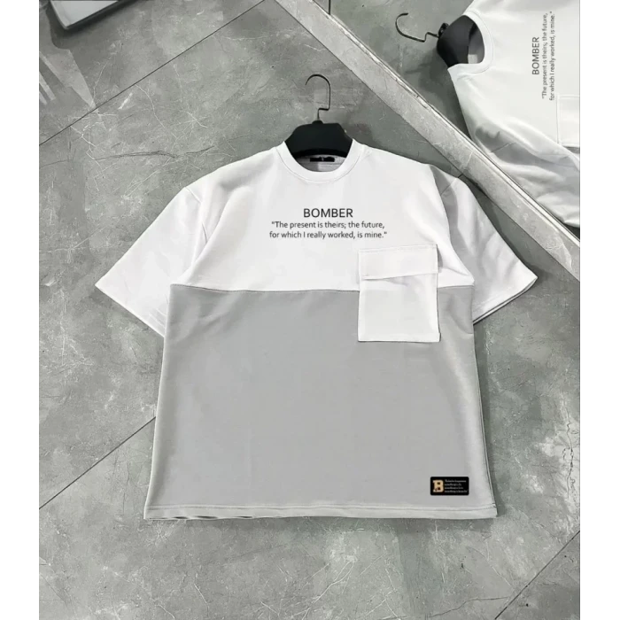 Unisex Torba Cep Detaylı  Parçalı T-shirt - Gri