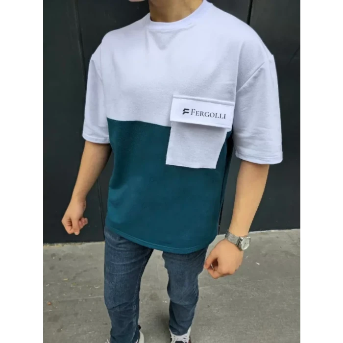 Unisex Torba Cep Detaylı  Parçalı T-shirt - Lacivert