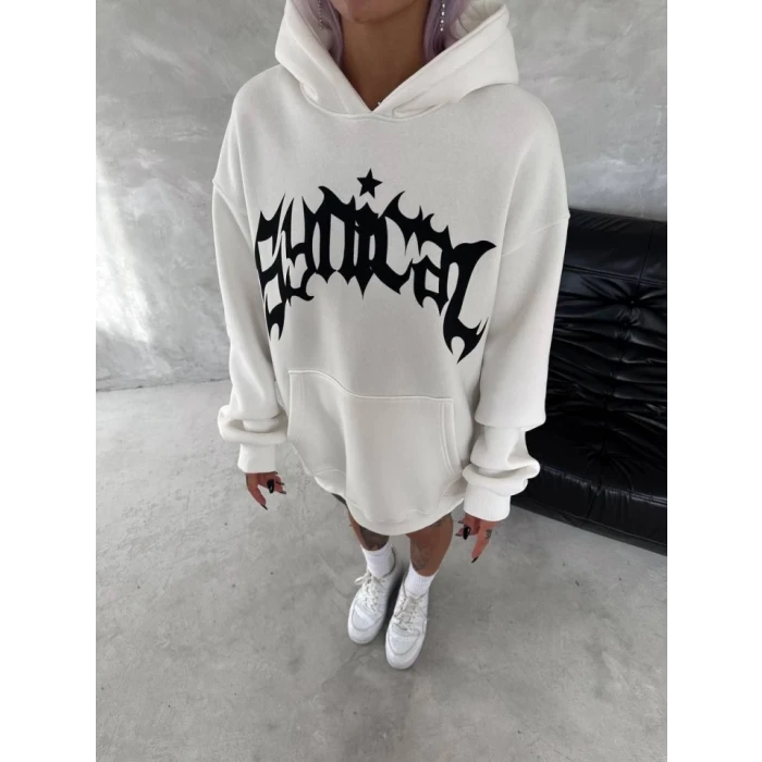 Unisex Üç İplik Kapşonlu Baskılı Sweatshirt - Beyaz