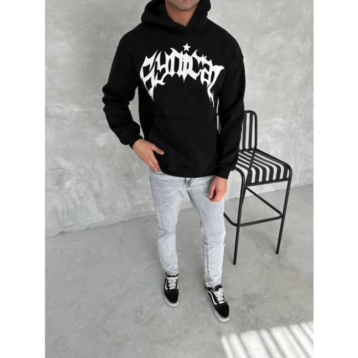 Unisex Üç İplik Kapşonlu Baskılı Sweatshirt - Siyah