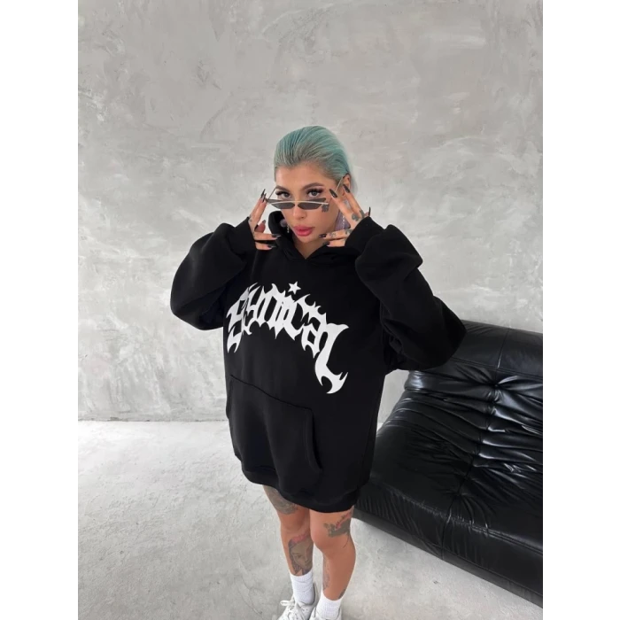 Unisex Üç İplik Kapşonlu Baskılı Sweatshirt - Siyah