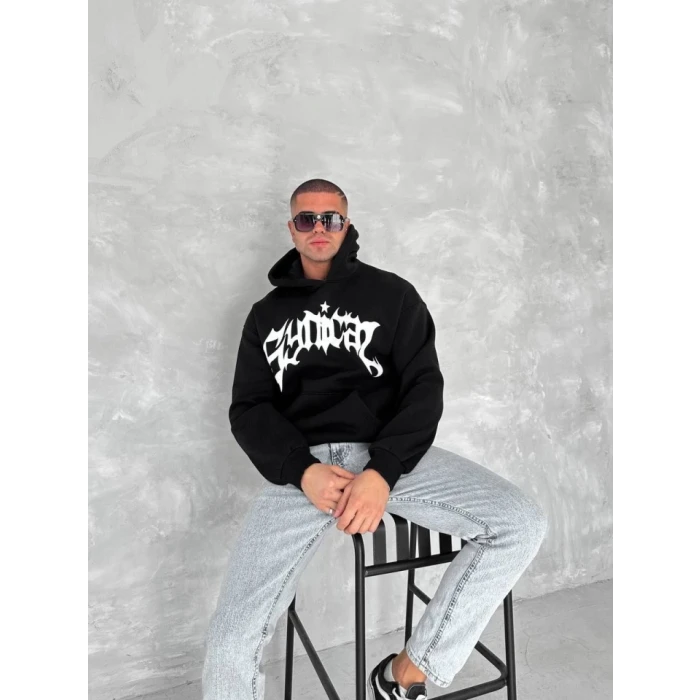 Unisex Üç İplik Kapşonlu Baskılı Sweatshirt - Siyah