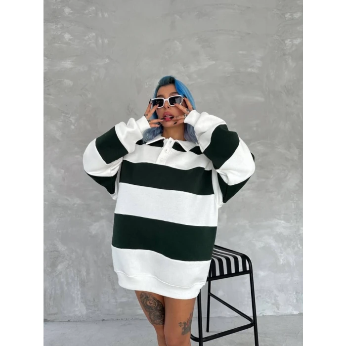Unisex Üç İplik Parçalı Yakalı Sweatshirt - Yeşil