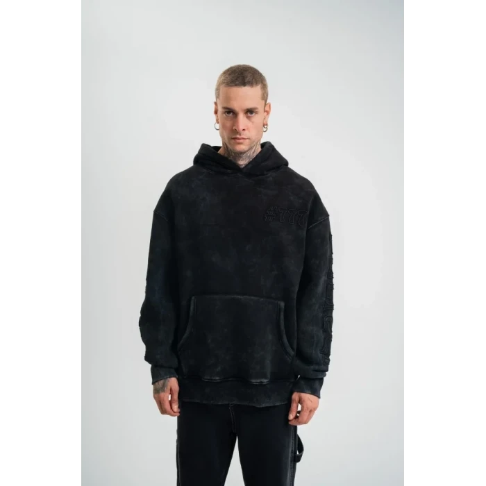 Unisex Uzun Kol Kapşonlu Yıkamalı Nakışlı Sweatshirt - Siyah