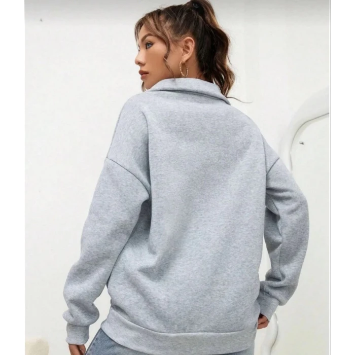 Unisex Uzun Kol Yarım Farmuarlı Yakalı Basic Sweatshirt - Gri