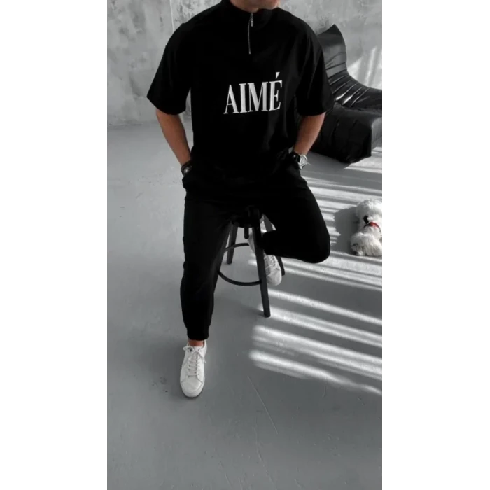 Unisex Yarım Fermuarlı Baskılı T-shirt - Siyah
