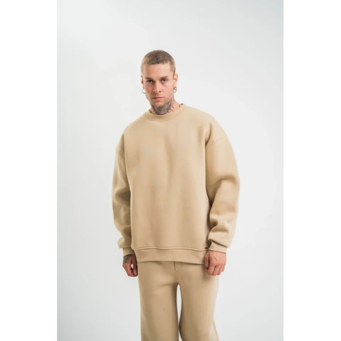 Uzun Kol Bisiklet Yaka Basic Sweatshirt - Bej